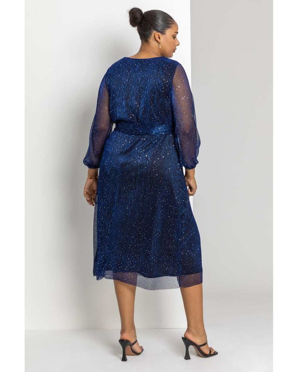 Roman Curve Blue Plisse Chiffon Wrap Midi Dress