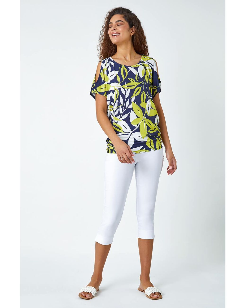 Roman Green Leaf Print Ruched Cold Shoulder Top