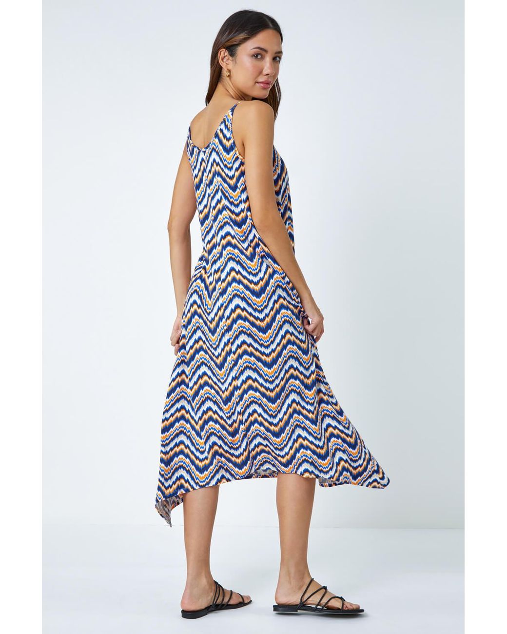 Roman Blue Sleeveless Zig-Zag Print Midi Stretch Dress
