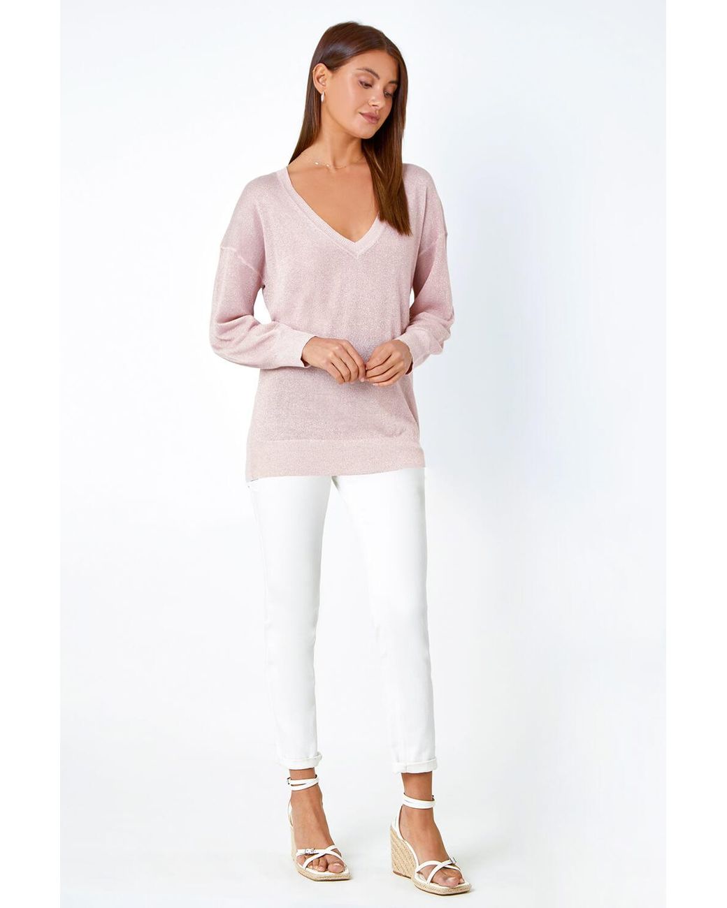 Roman Pink Relaxed Stretch Shimmer V-Neck Jumper