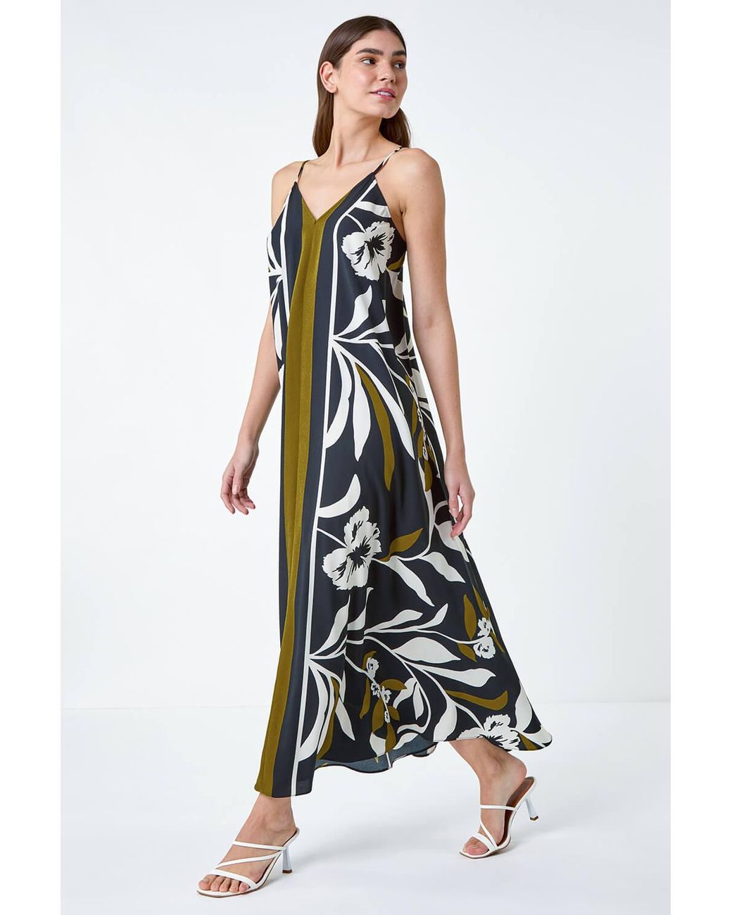 Roman Black Floral Border Print Strappy Trapeze Dress