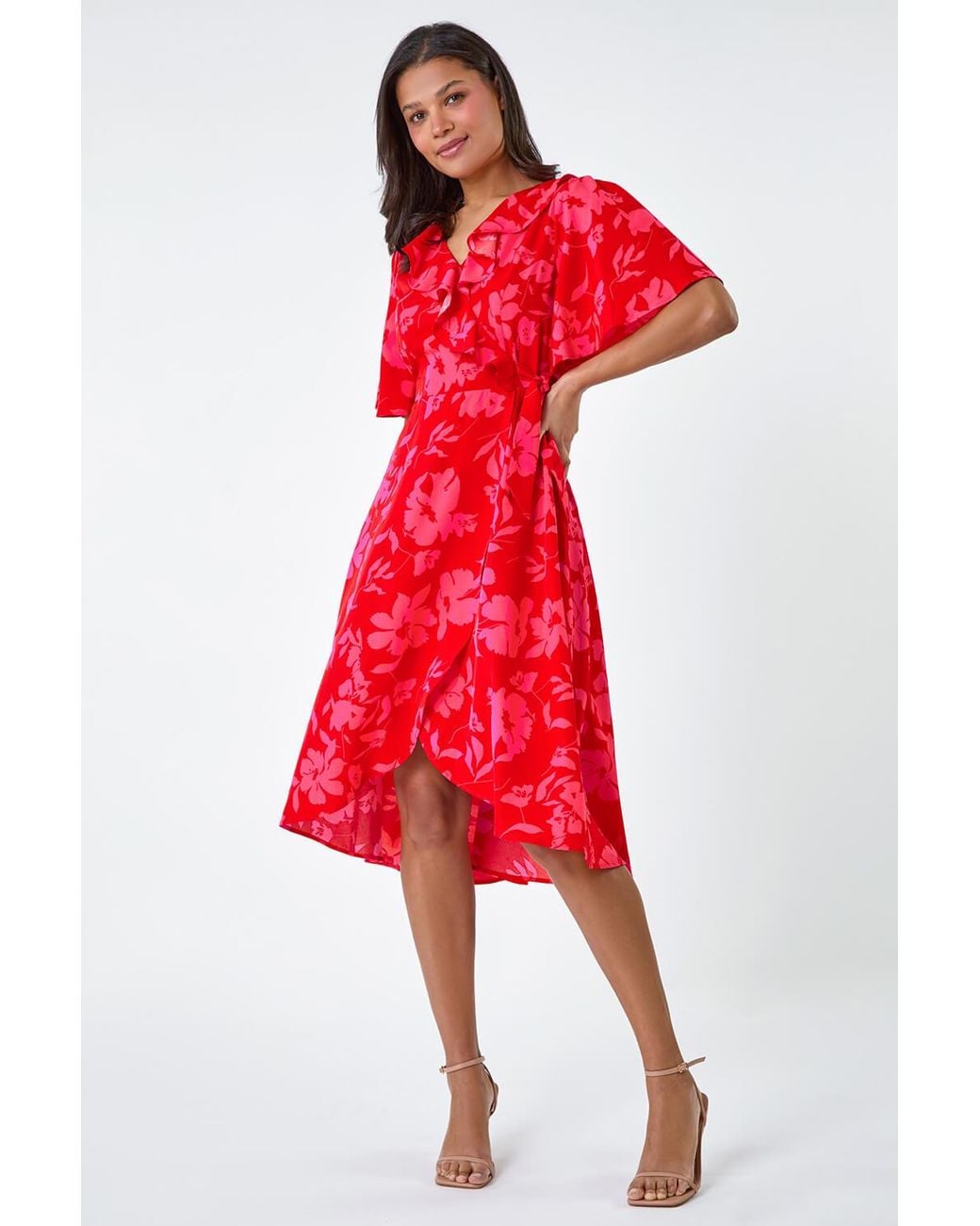 Lilly-and-Hope Red Floral Print Asymmetric Midi Wrap Dress