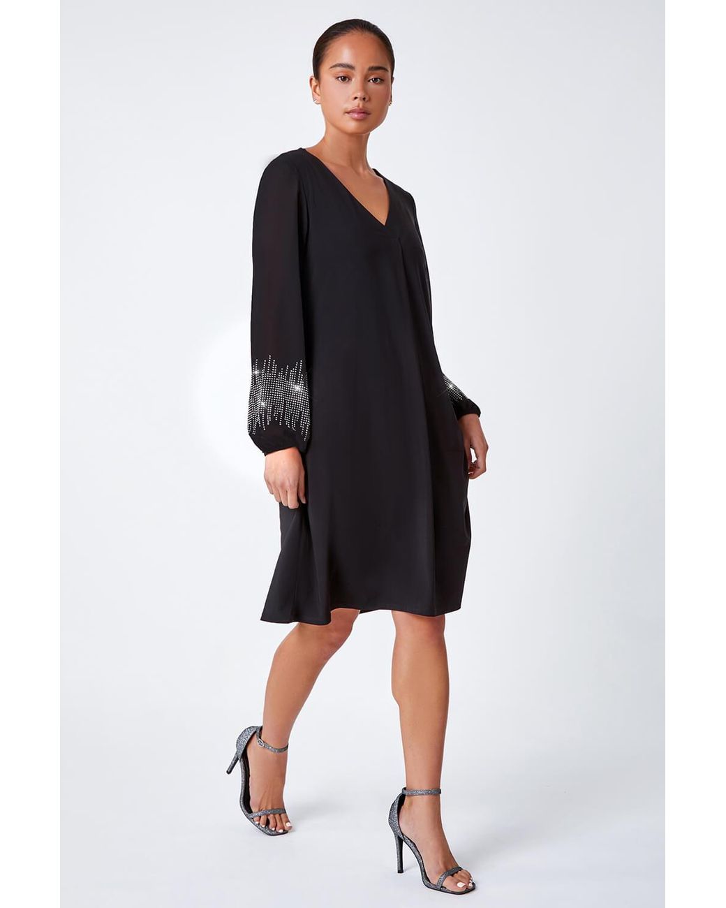 Roman Petite Black Sparkle Sleeve Stretch Dress