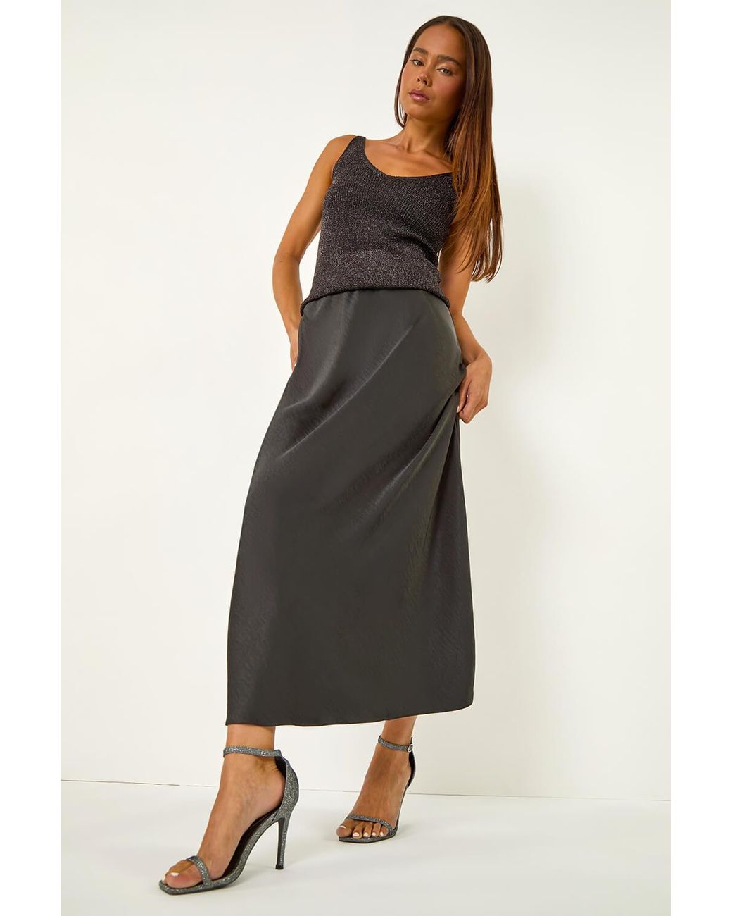 Roman Petite Black Satin Bias Cut Skirt