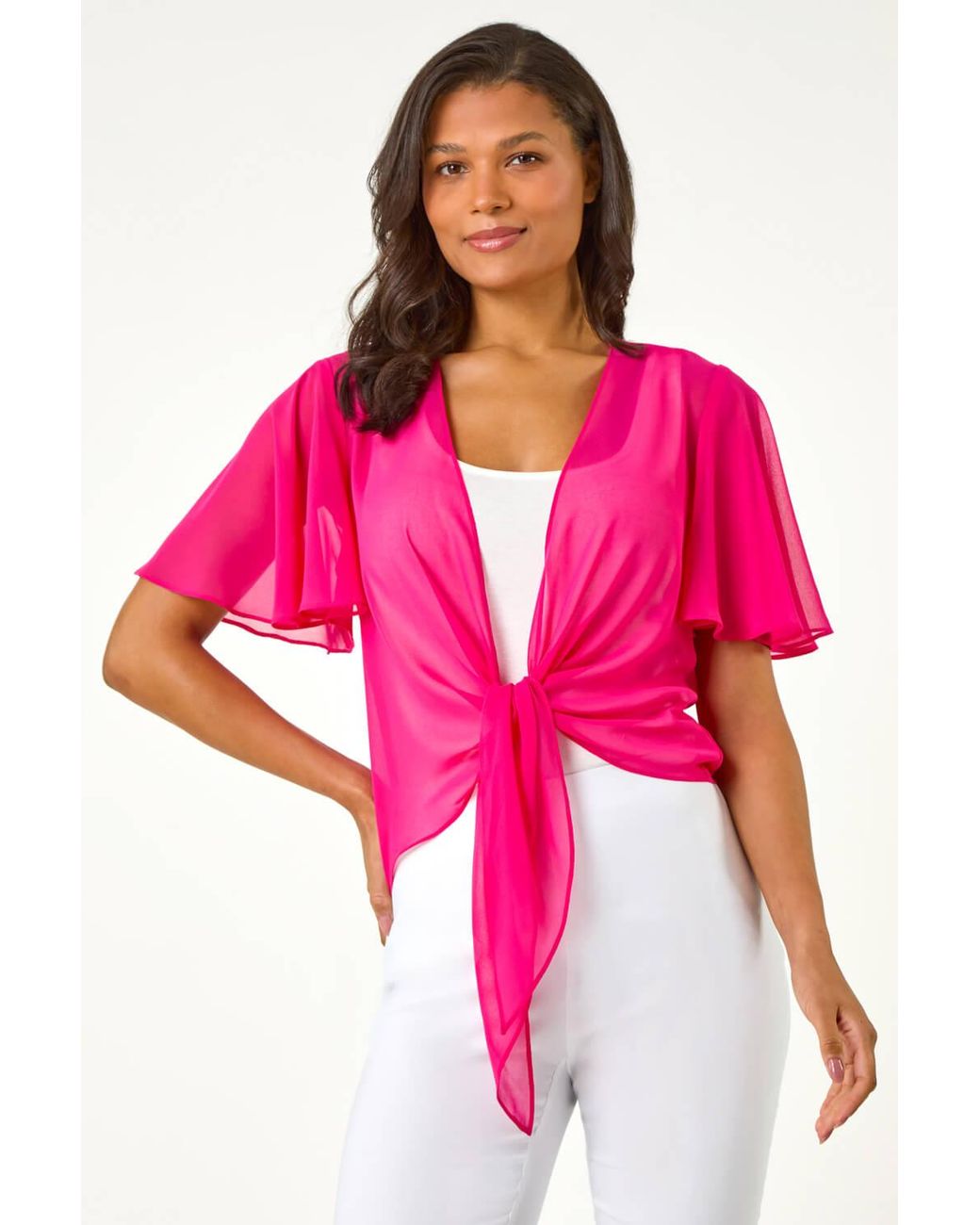 Roman Pink Chiffon Draped Tie Front Cover Up