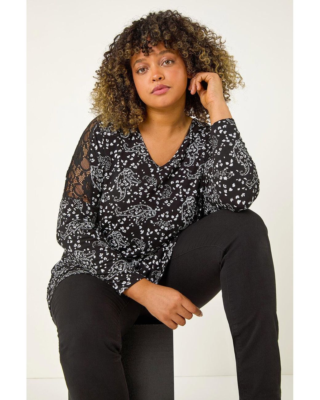 Roman Black Curve Lace Shoulder Paisley Top