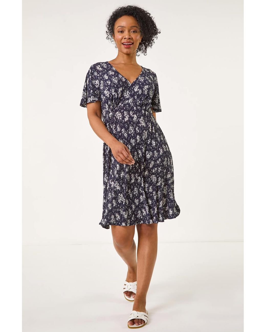 Roman Petite Blue Floral Print Pleated Forties Dress