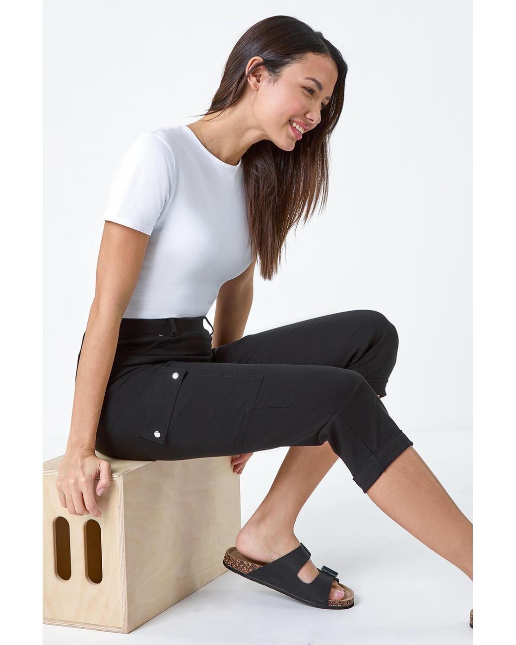 Roman White Turn Up Stretch Cropped Cargo Trousers