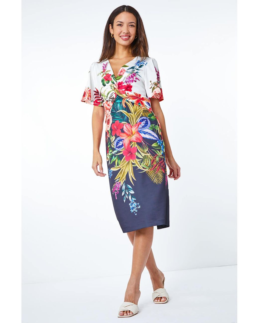 Roman Black Floral Print Twist Premium Stretch Dress
