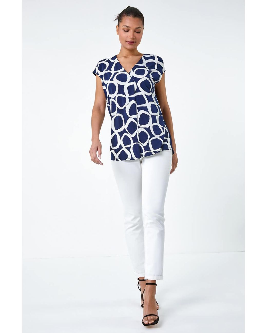 Roman Blue Circle Ring Print V-Neck Stretch Top