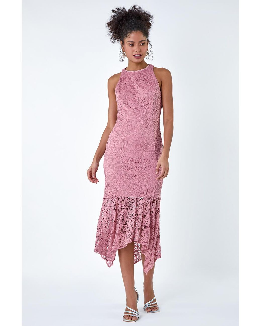 D.u.s.k Pink Sleeveless Stretch Lace Midi Dress