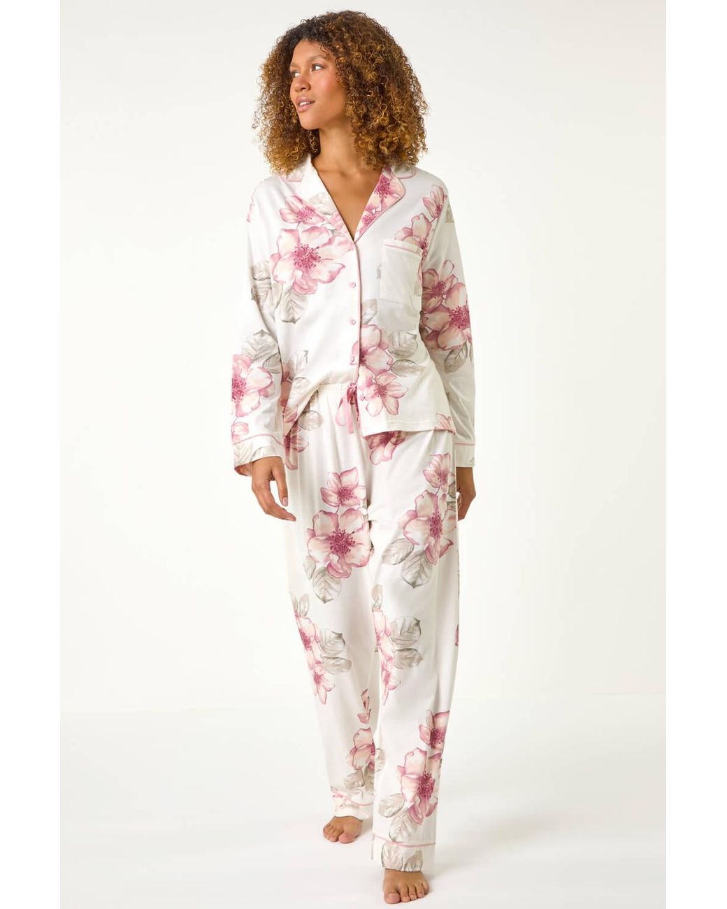 Roman Pink Floral Print Revere Pyjama Set