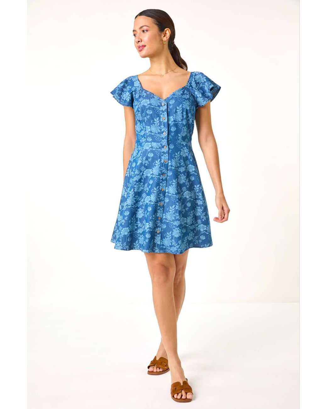 Roman Blue Denim Print Buttoned Mini Dress
