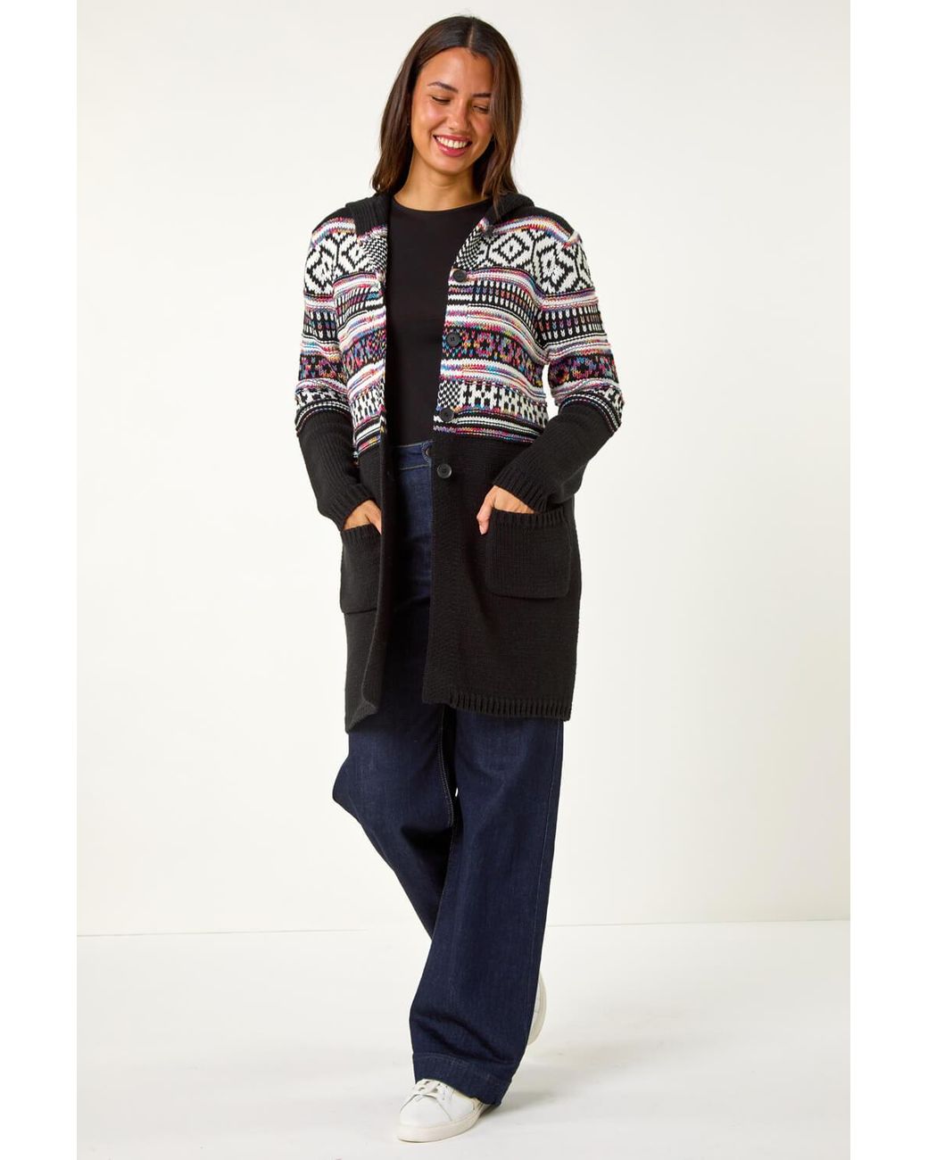 Roman Blue Pattern Button Detail Hooded Knit Cardigan