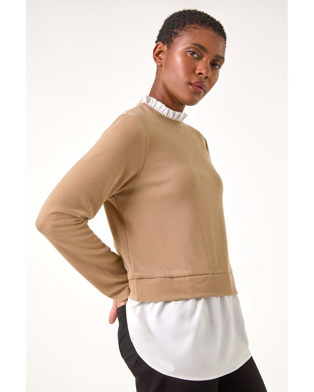 Roman White Frill Neck Contrast Jersey Top