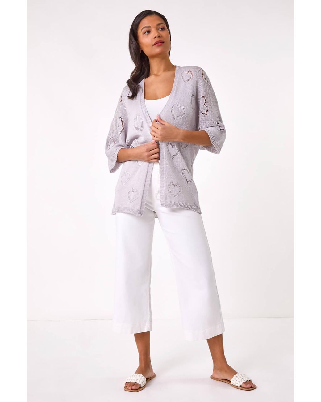 Roman White Pointelle Heart Knit Cardigan