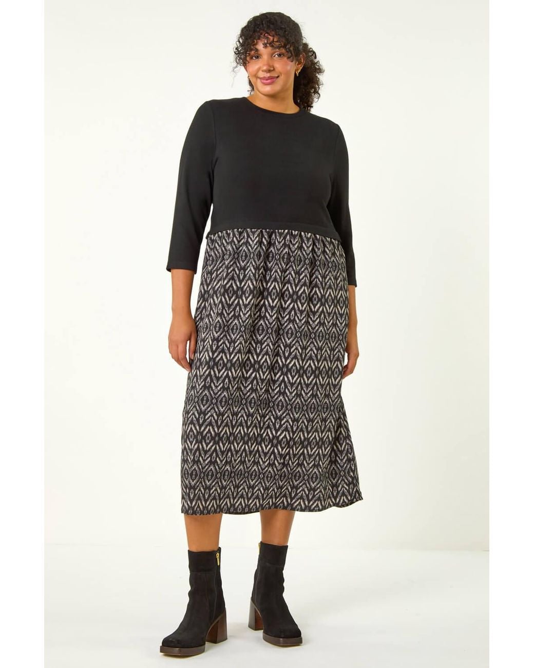 Roman Curve Black Contrast Print Skirt Midi Dress