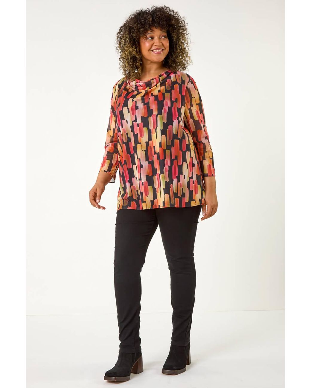 Roman Curve Red Abstract Print Mesh Cowl Neck Top