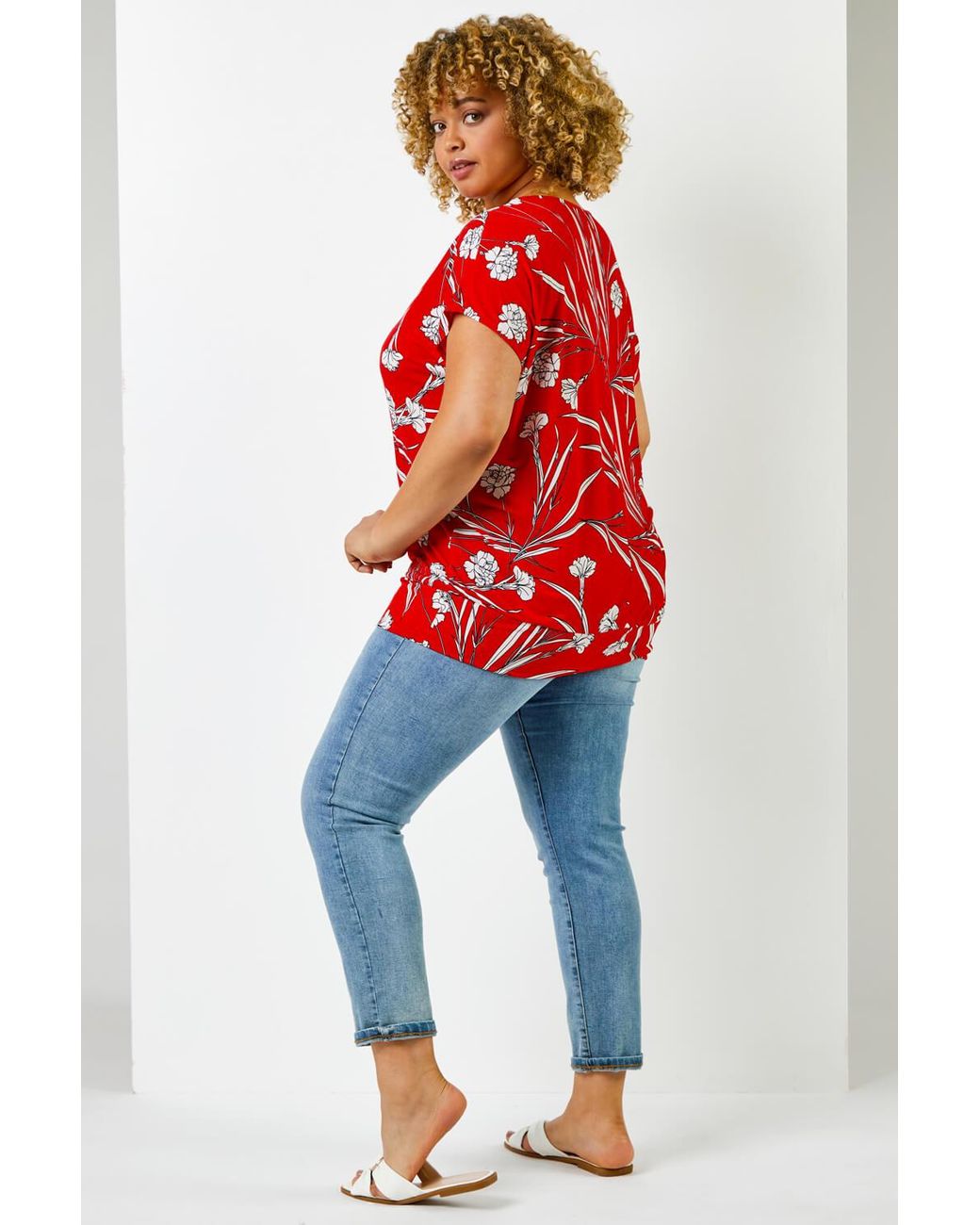 Roman Curve Red Floral Print Keyhole Detail V-Neck Top