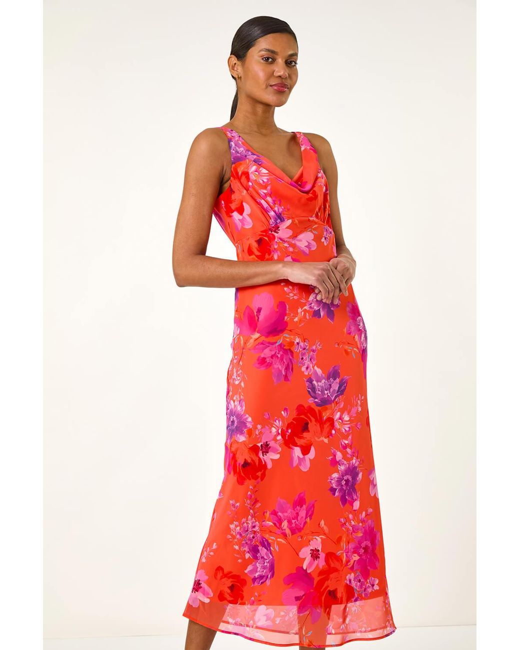Roman Red Floral Cowl Neck Midi Dress