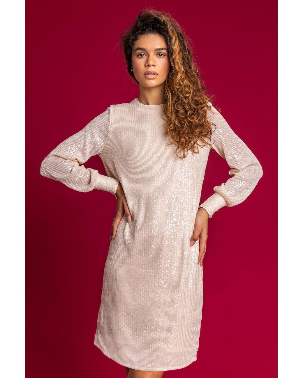 Roman Red Sequin Embellished Tunic Dress