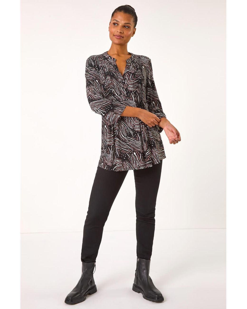 Roman Gray Linear Print Pintuck Pleat Shirt