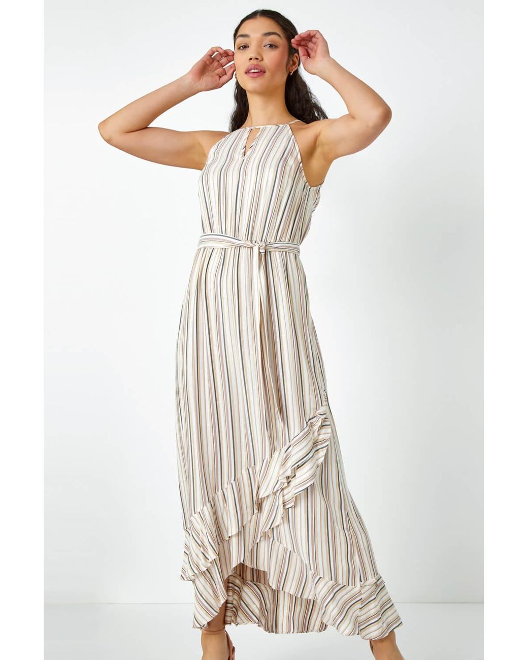 Roman White Stripe Print Frill Detail Maxi Dress
