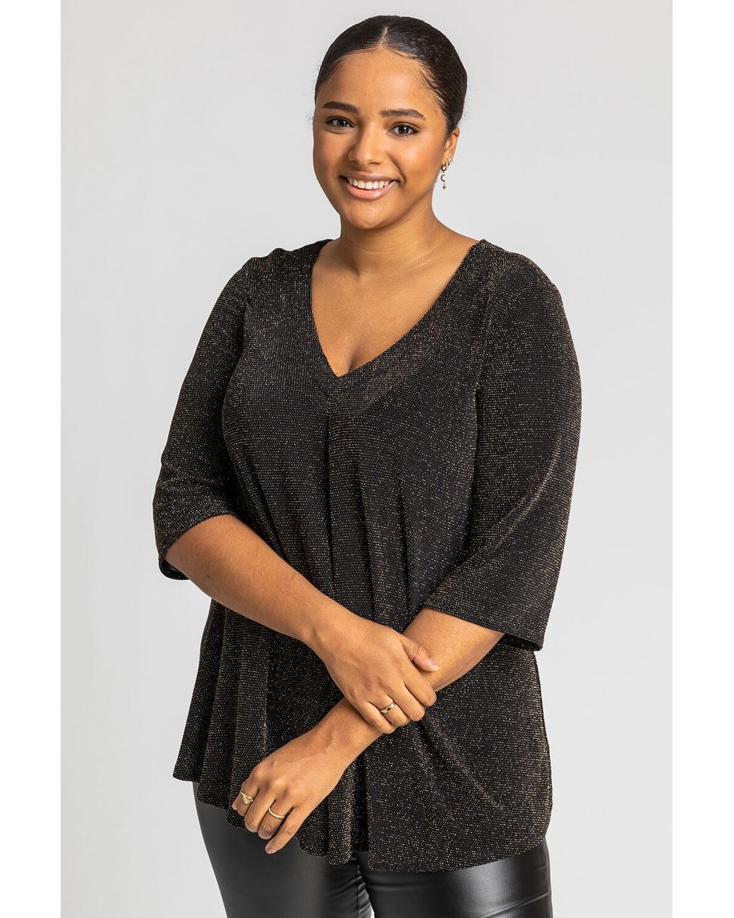 Roman Curve Metallic Sparkle V-Neck Tunic Top