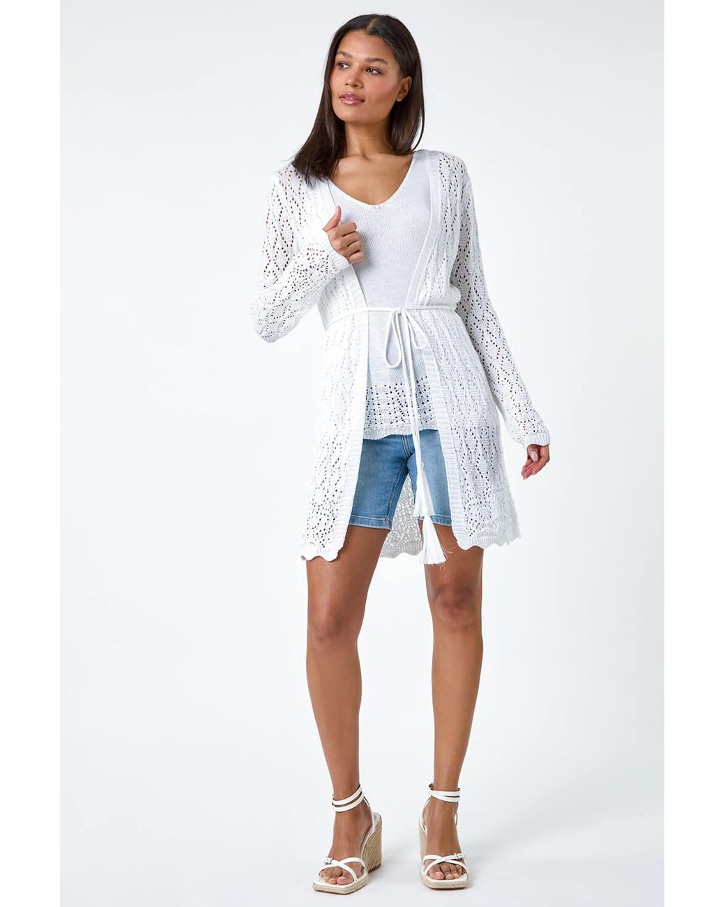Roman White Pointelle Knit Longline Tie Detail Cardigan