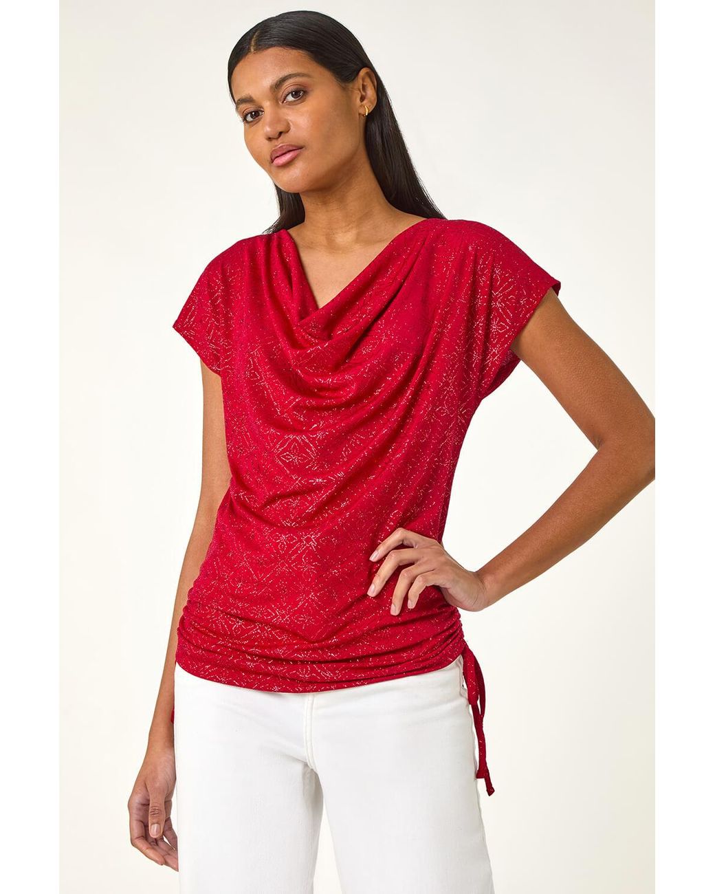 Roman Red Sparkle Cowl Neck Tie Side Top