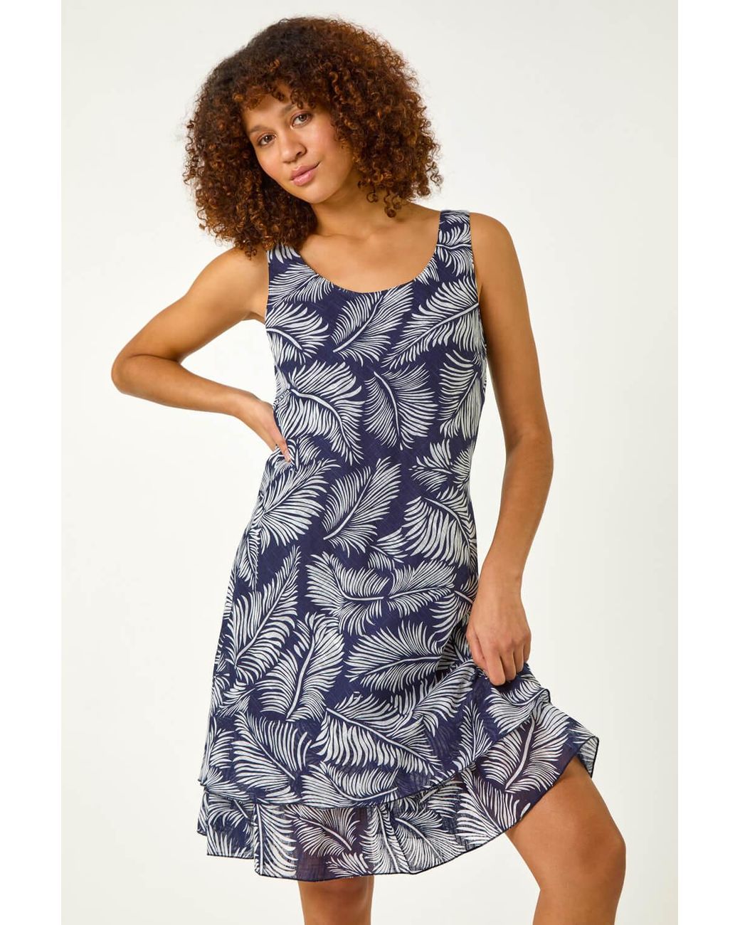 Roman Blue Leaf Print Double Layered Dress