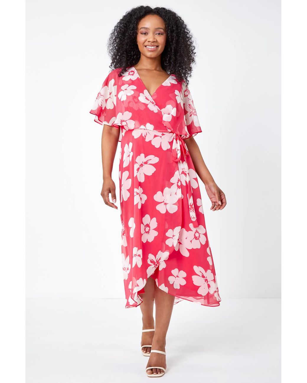 Roman Petite Red Floral Print Chiffon Cape Dress