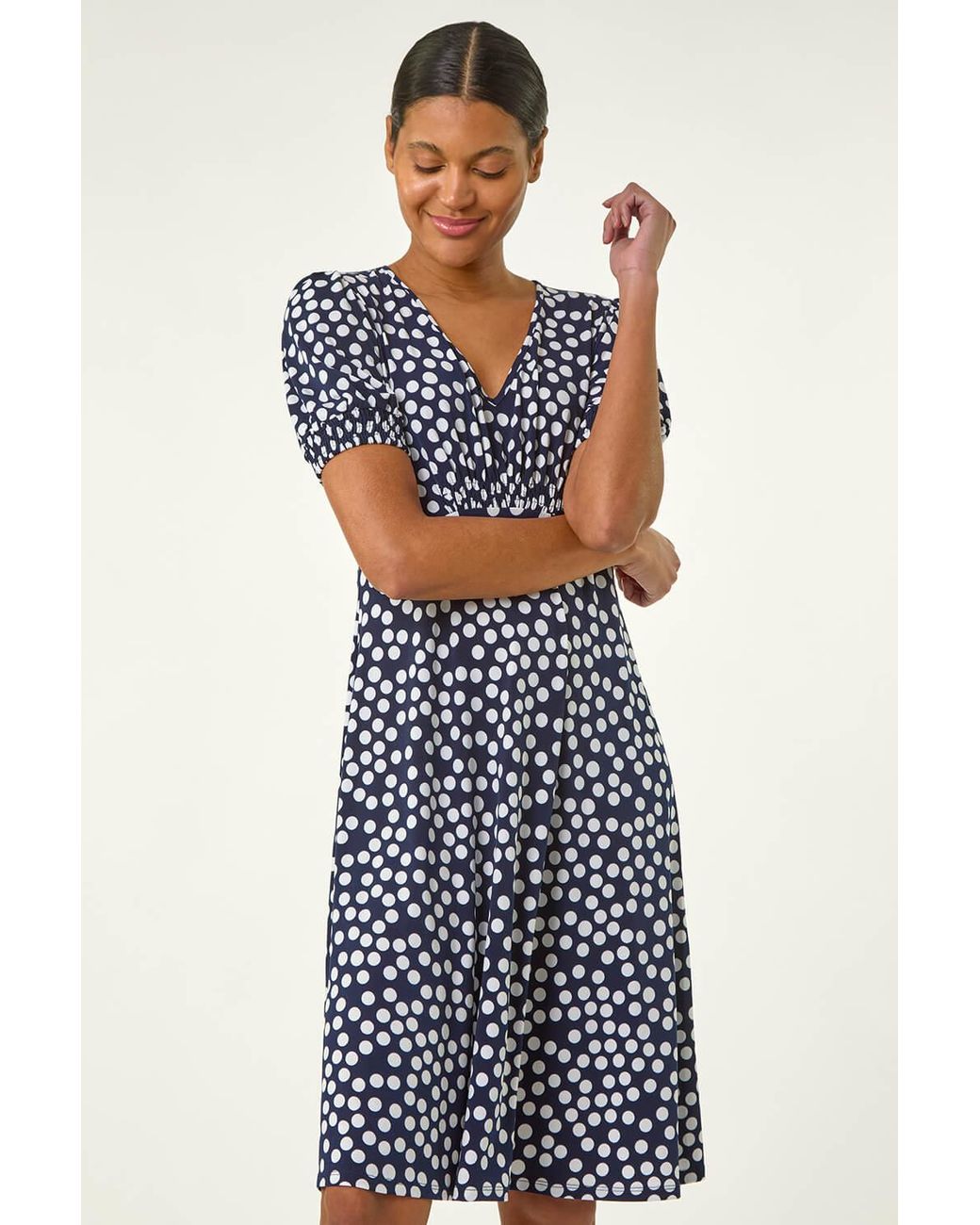 Roman Blue Spot Print Gathered Dress