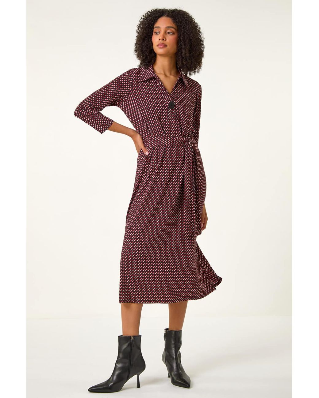 Roman Red Geometric Stretch Shirt Midi Dress
