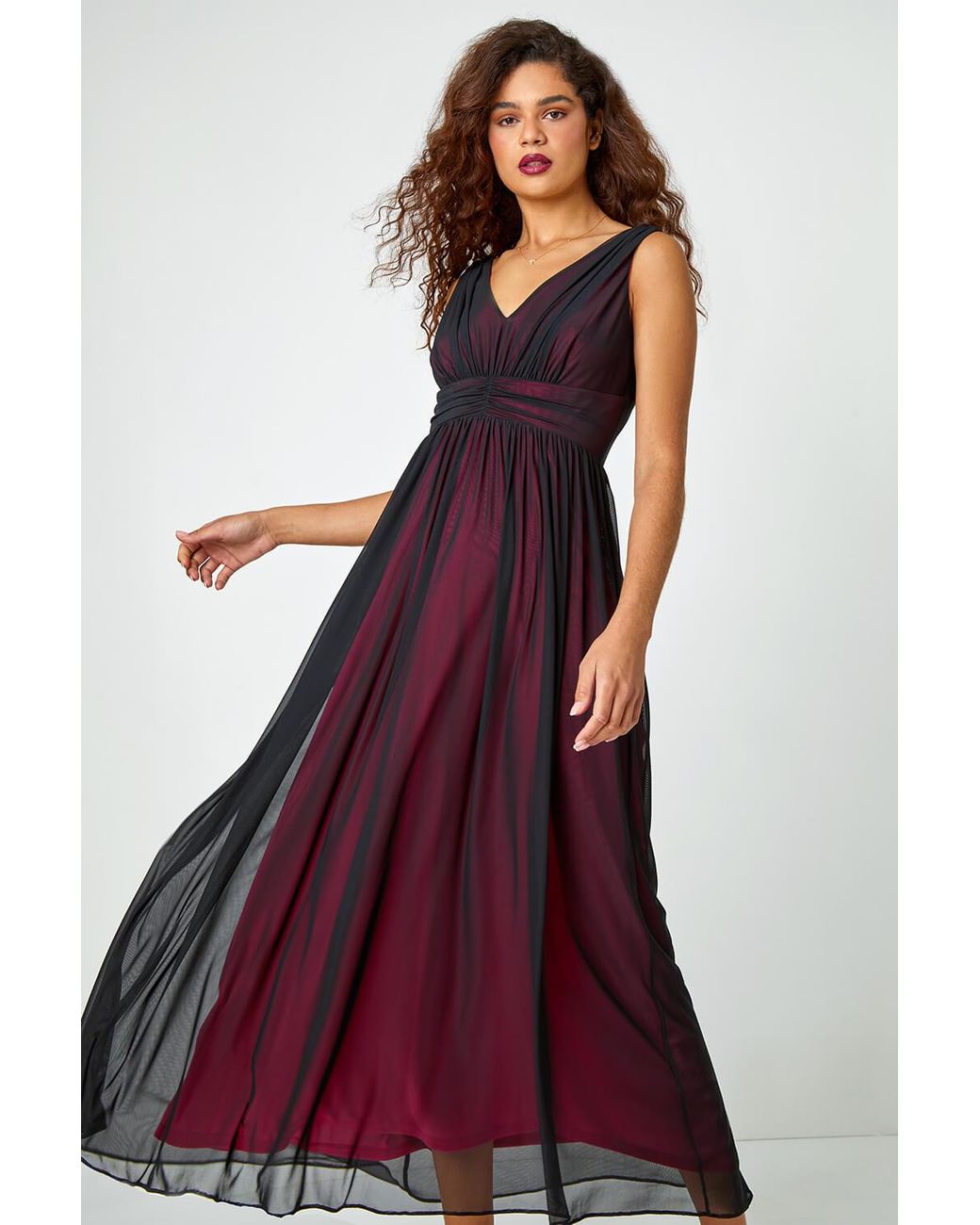 Roman Red Sleeveless Contrast Mesh Maxi Stretch Dress