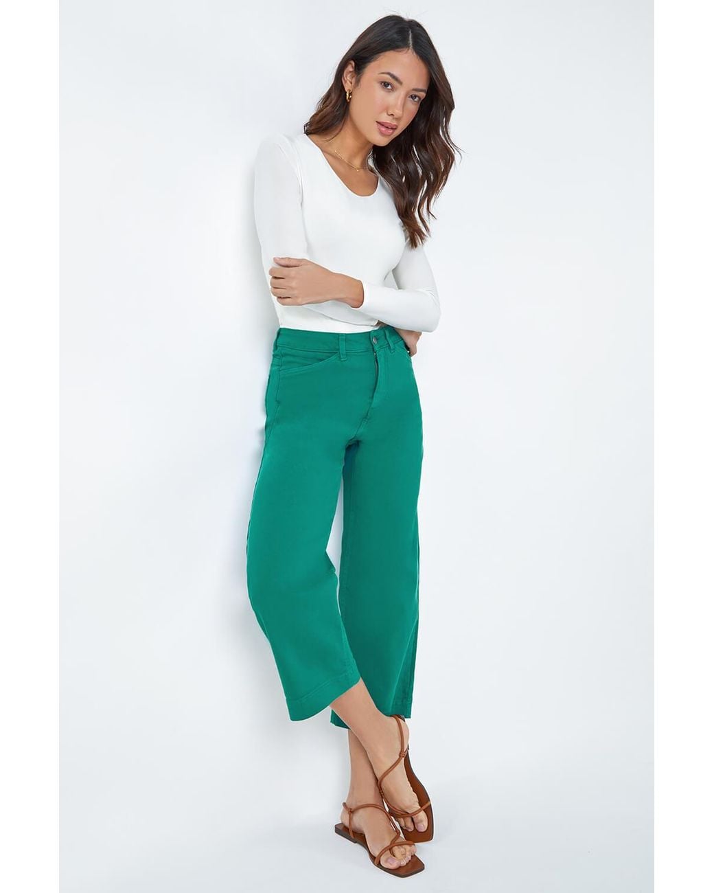 Roman Green Wide Leg Stretch Cropped Denim Culottes