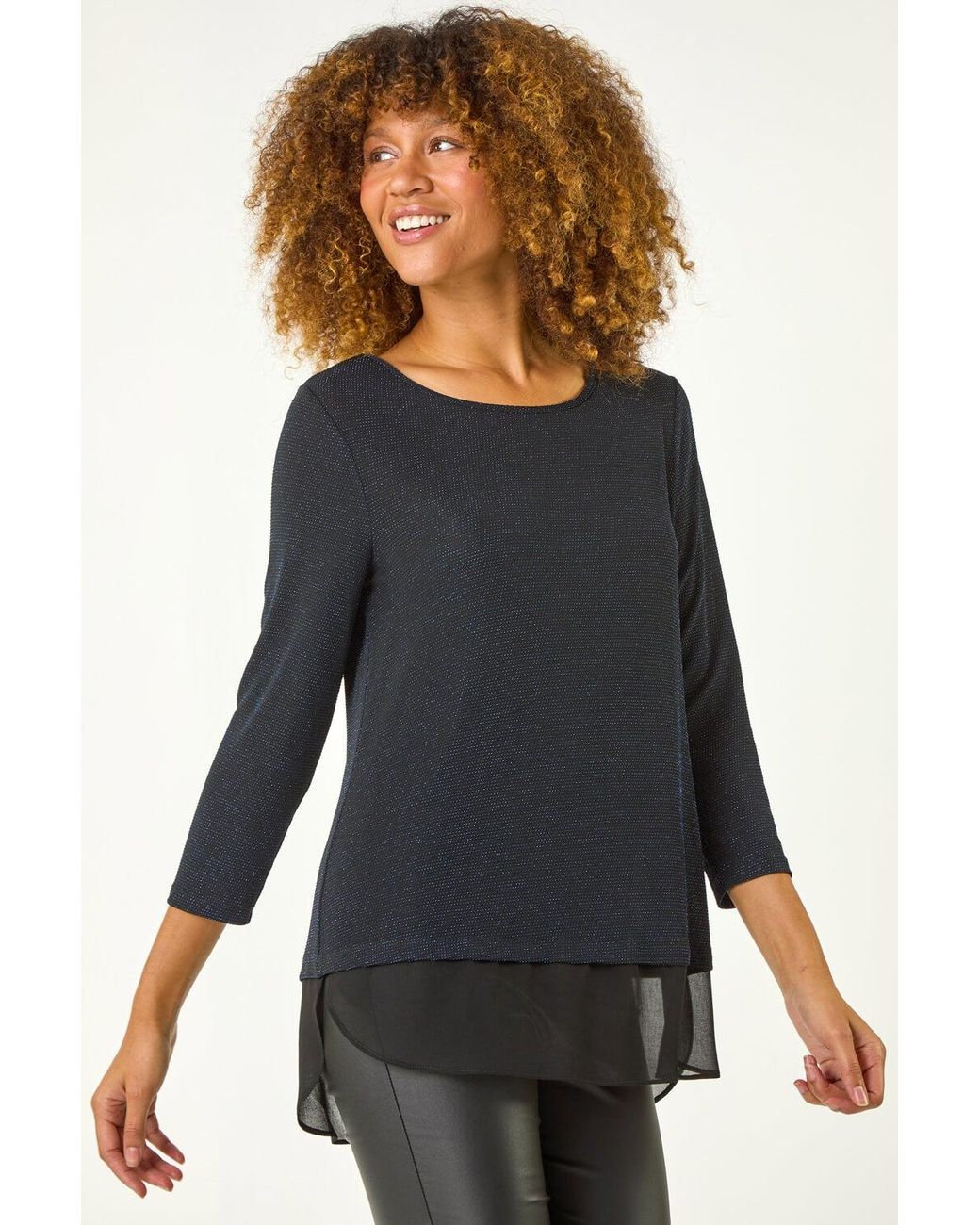 Roman Black Shimmer Chiffon Hem Top