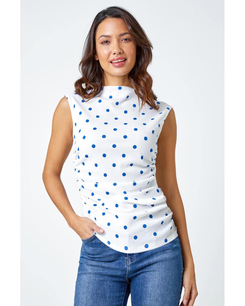 Roman White Polka Dot Ruched Stretch Top