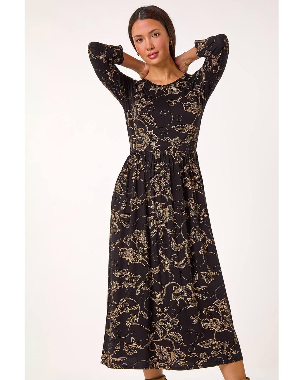Roman Natural Paisley Pocket Stretch Midi Dress