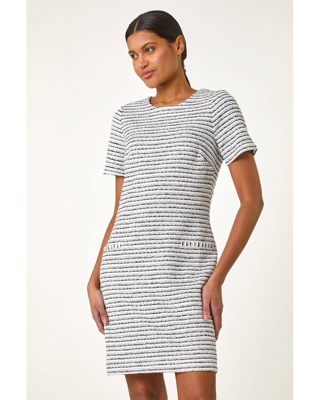 Roman White Textured Stretch Shift Dress