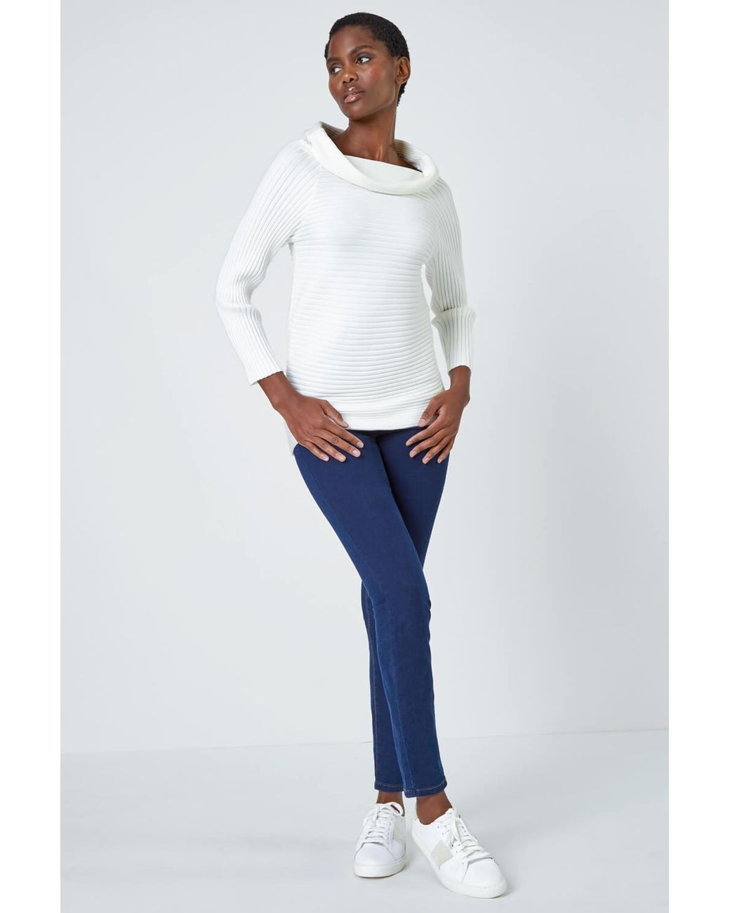 Roman White Ribbed Cowl Neck Stretch Jumper
