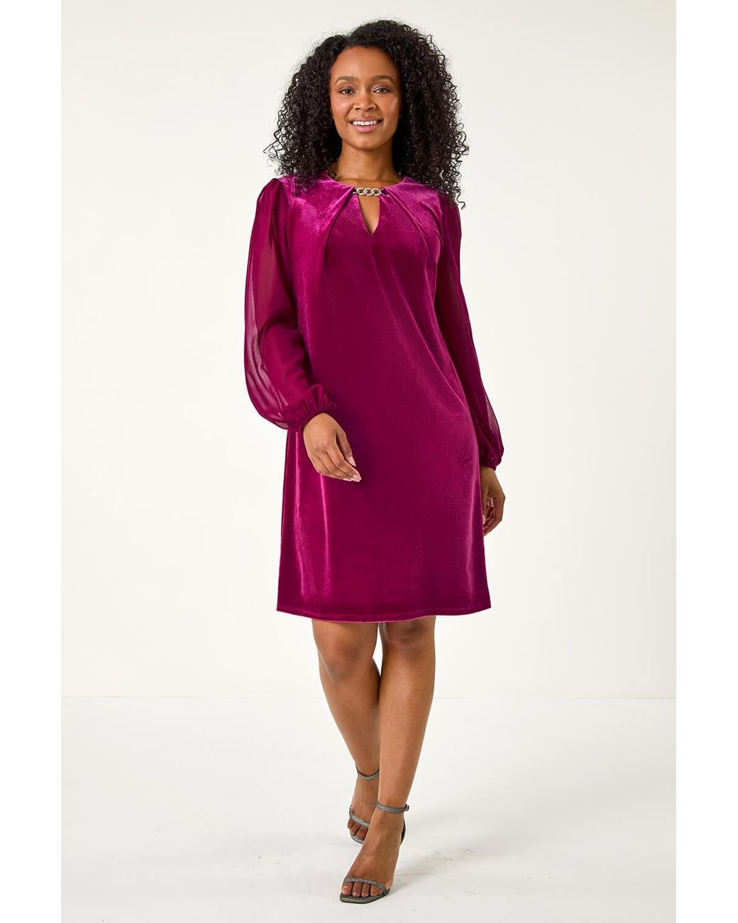 Roman Petite Red Contrast Sleeve Velvet Dress