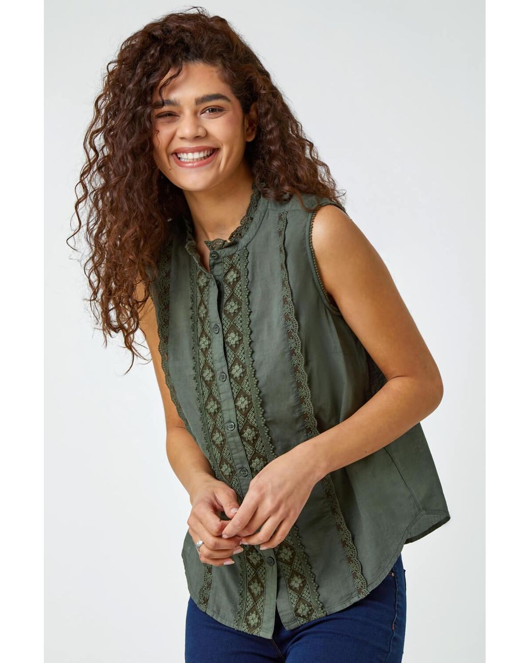 Roman Green Sleeveless Crochet Detail Cotton Blouse