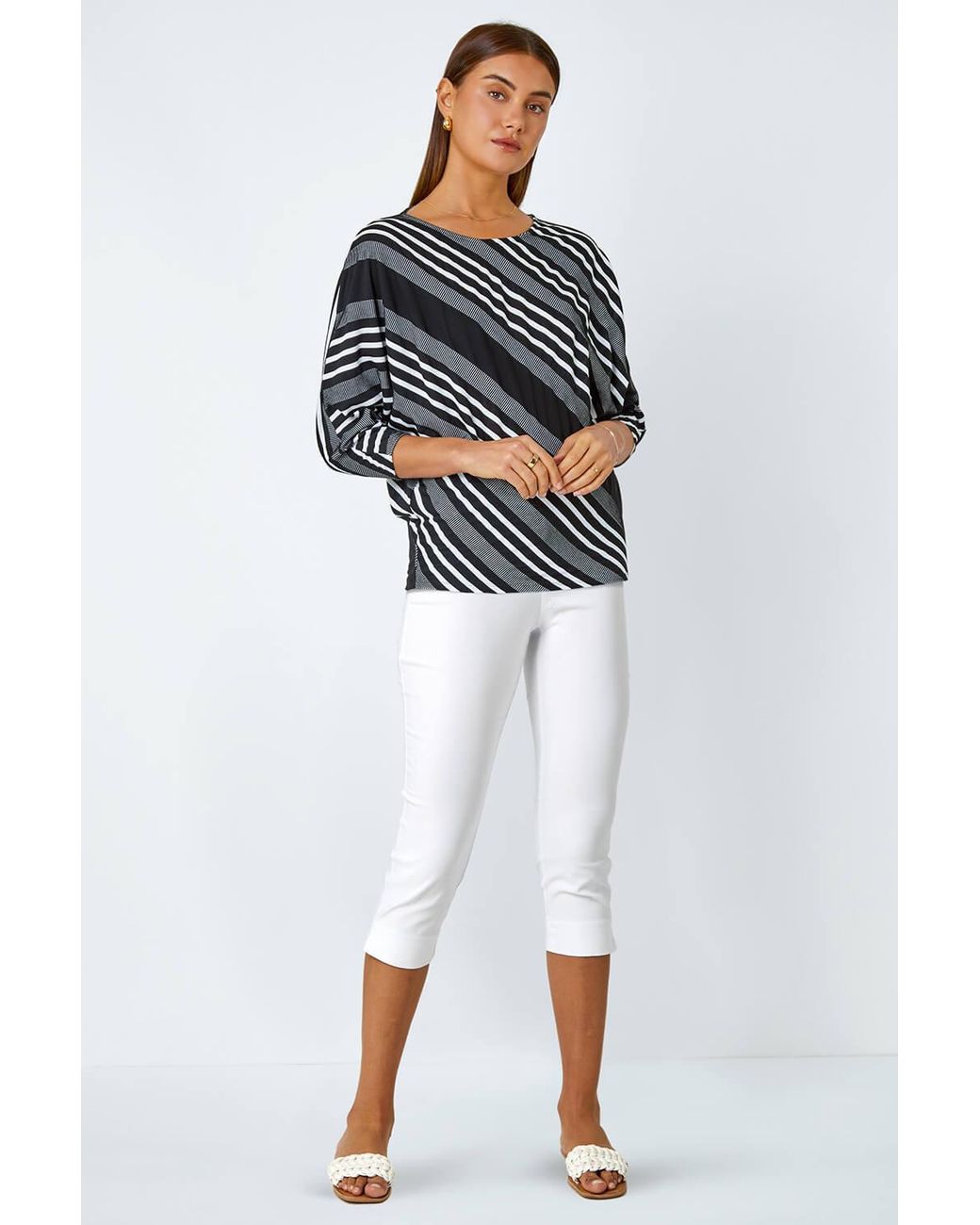 Roman Black Relaxed Stripe Print Stretch Top