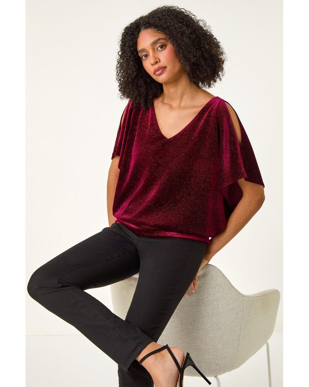 Roman Red Glitter Velvet Banded Hem Stretch Top