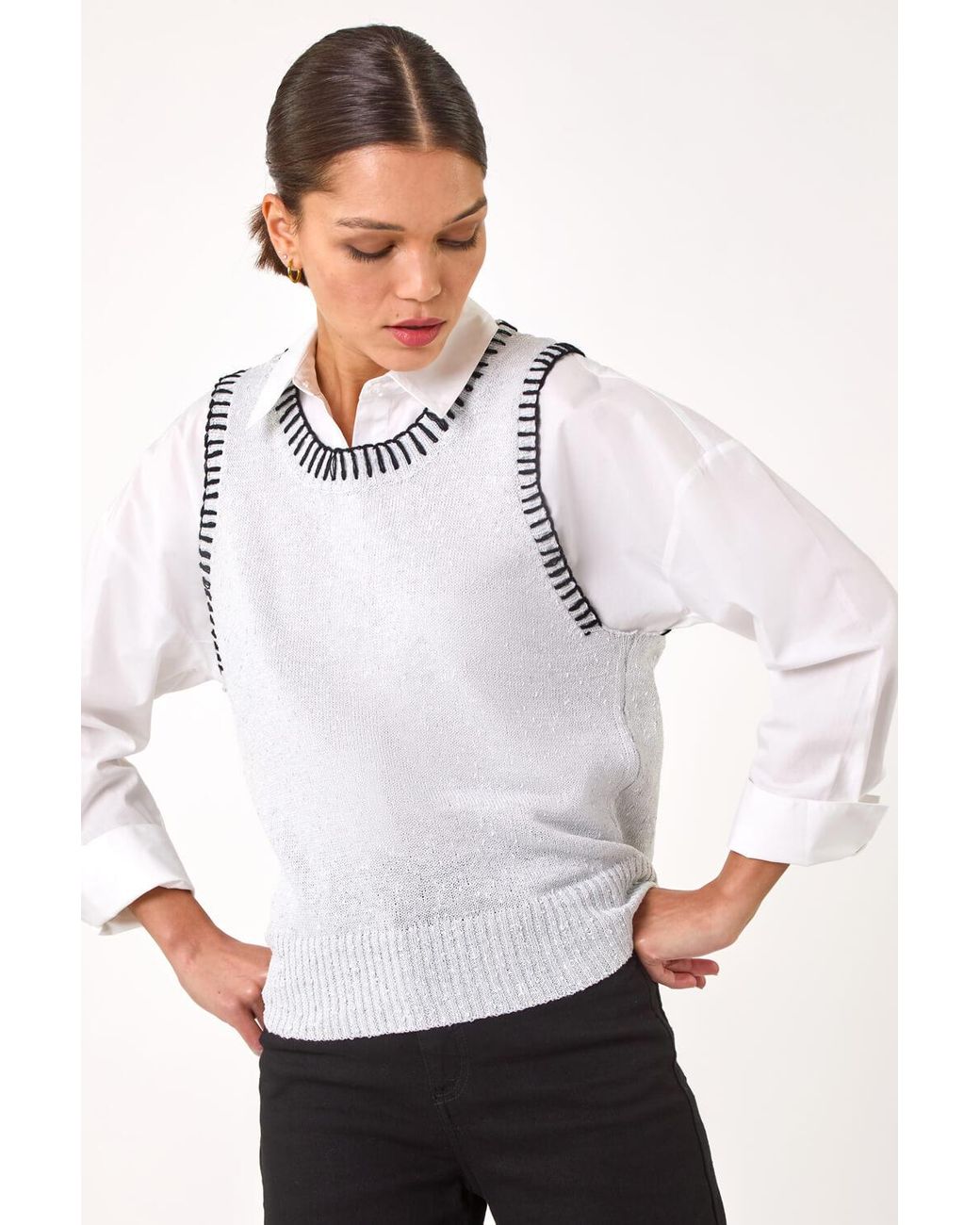 Roman White Contrast Stitch Knit Top