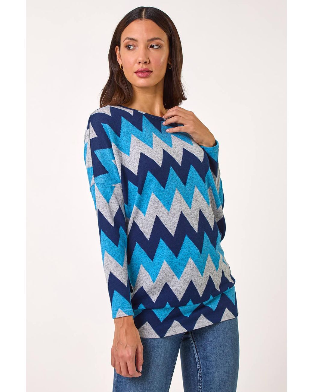 Roman Blue Zig Zag Stripe Print Top