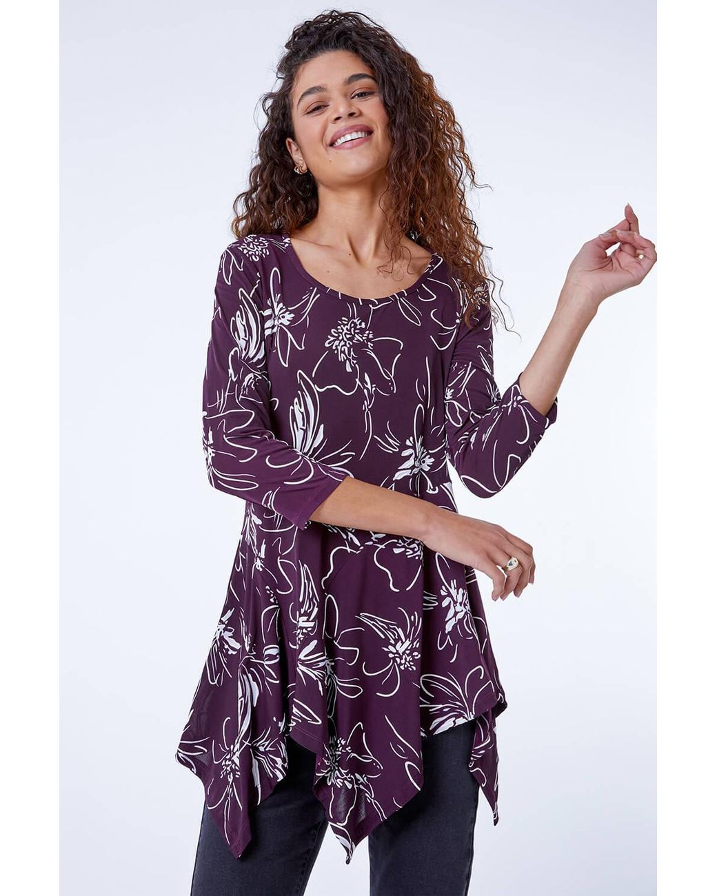 Roman Purple Linear Floral Print Hanky Hem Top