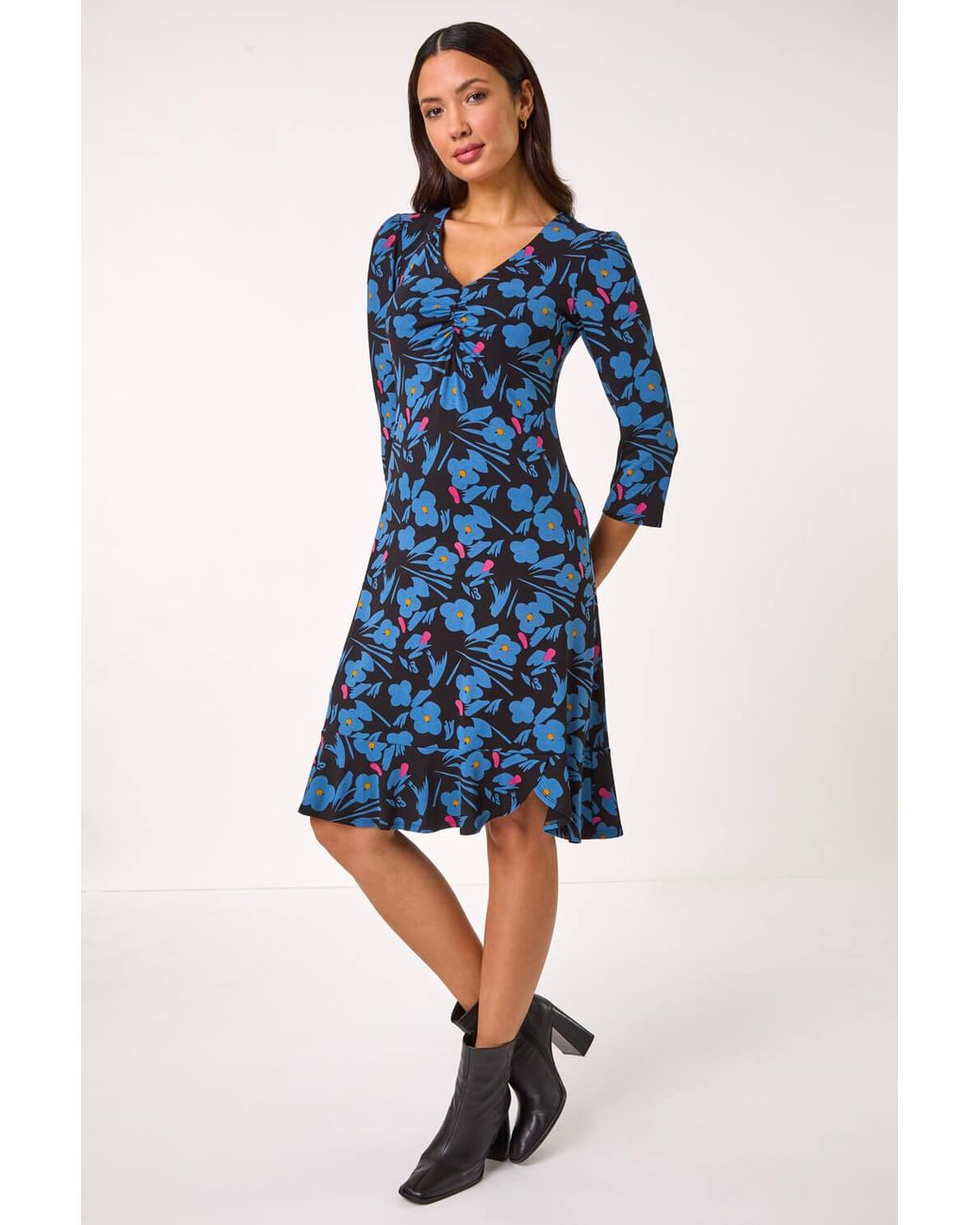 Roman Blue Floral Print V-Neck Ruched Dress