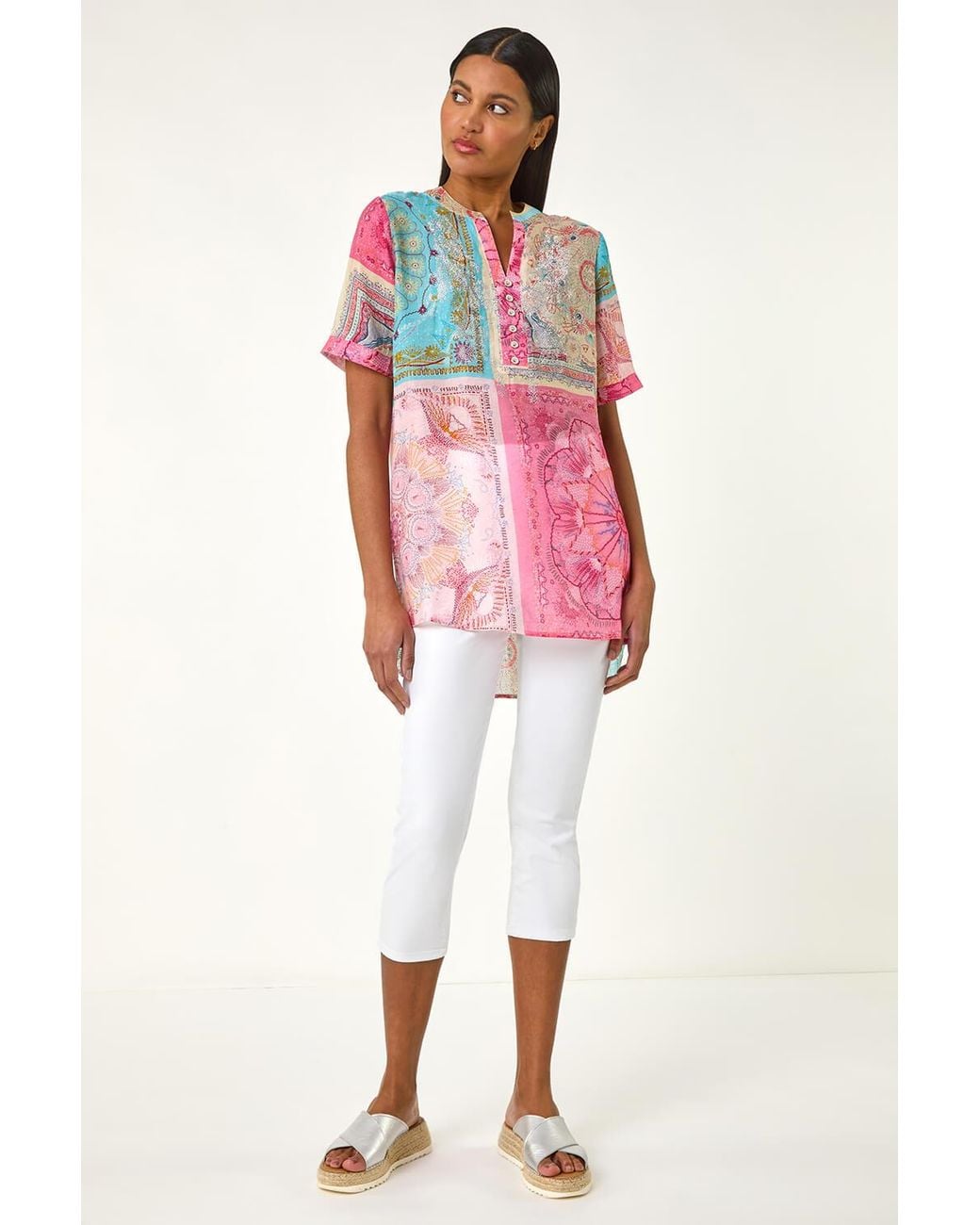 Roman Red Scarf Print Hotfix Buttoned Top